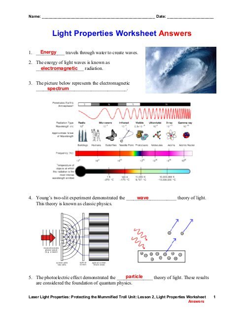 Light Properties Worksheet Answers (pdf)