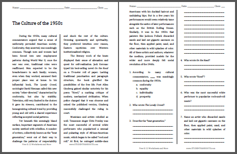 Middle School Social Studies Worksheets The Culture Of The 1950s