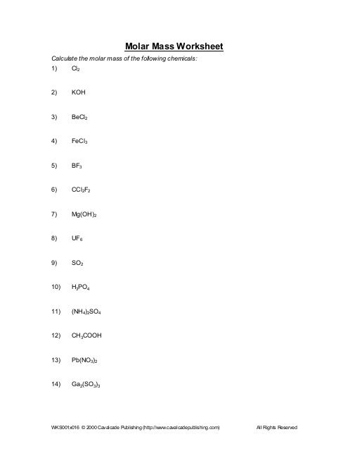 Molar Mass Worksheet