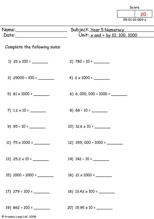 Multiplication And Division By 10 100 And 1000 Worksheet