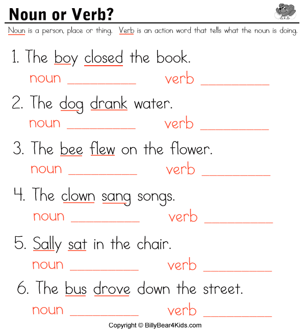 Grade 1  Sample Worksheets On Nouns , Verbs And Adjectives