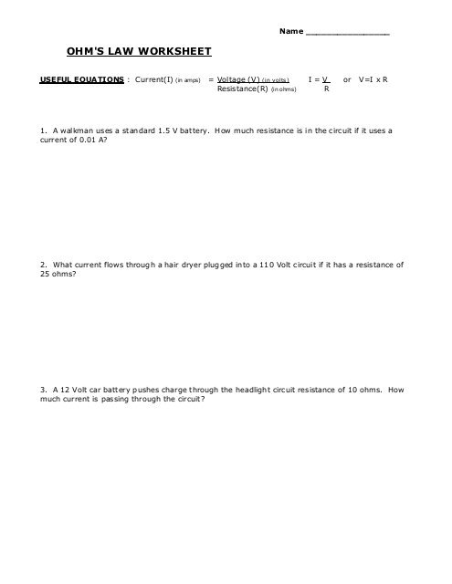 Ohm's Law Worksheet