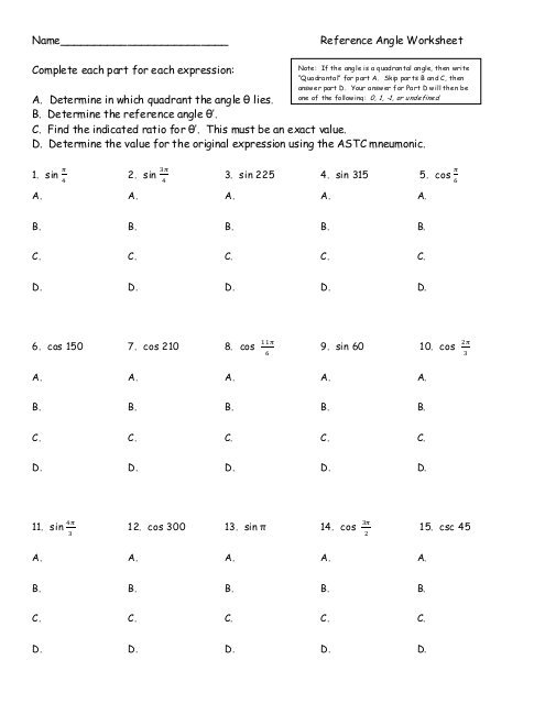 Reference Angle Worksheet Pdf