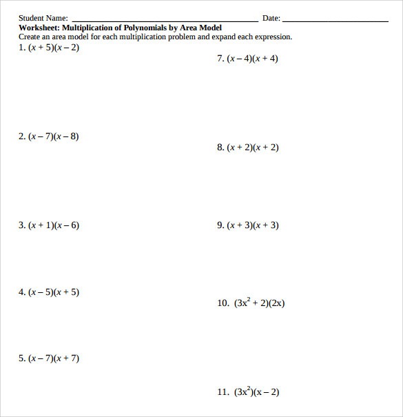 Sample Algebraic Multiplication Worksheet