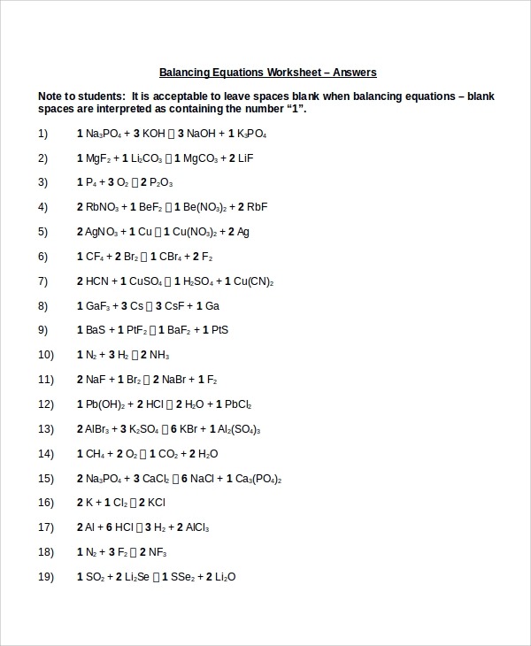 Sample Balancing Equations Worksheet Templates