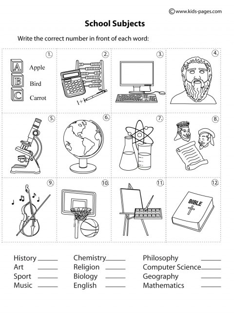 School Subjects Matching B&w Worksheet