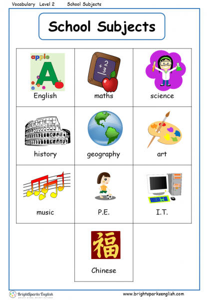 School Subjects English Vocabulary Worksheet â English Treasure Trove
