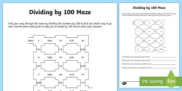 Dividing By 100 Worksheet   Worksheet