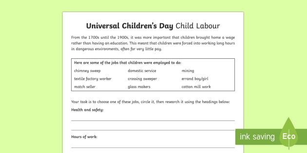 Universal Children's Day Child Labour Worksheet   Worksheet