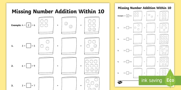 Missing Number Addition Within 10 Worksheet   Worksheet
