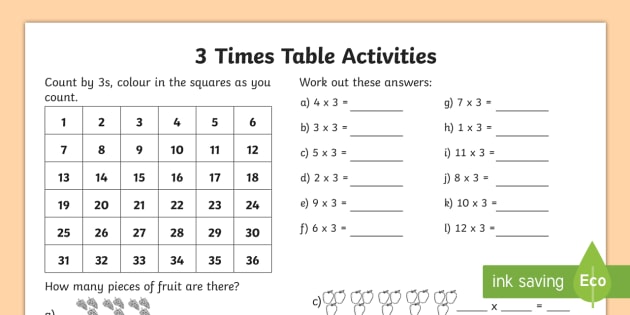 3 Times Table Worksheet   Worksheet