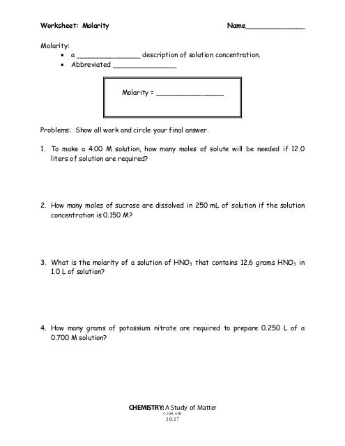 Worksheet  Molarity Name______________ Chemistry
