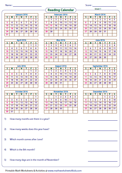 Reading Calendar Worksheets With Word Problems