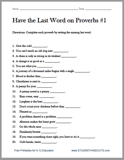 Complete The Proverbs Worksheets