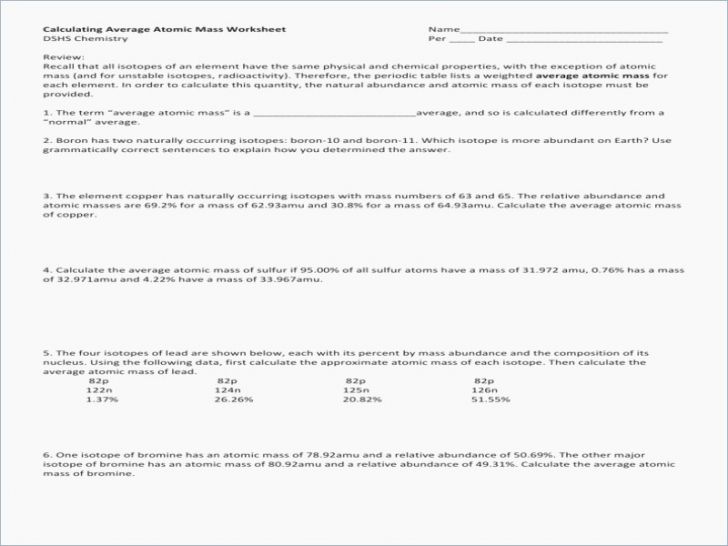 Calculating Atomic Mass Worksheet Free Worksheets Samples