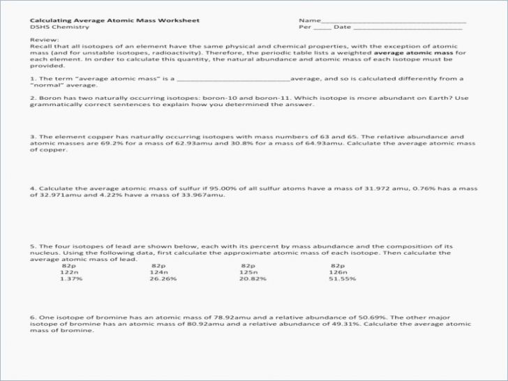 Calculating Atomic Mass Worksheet