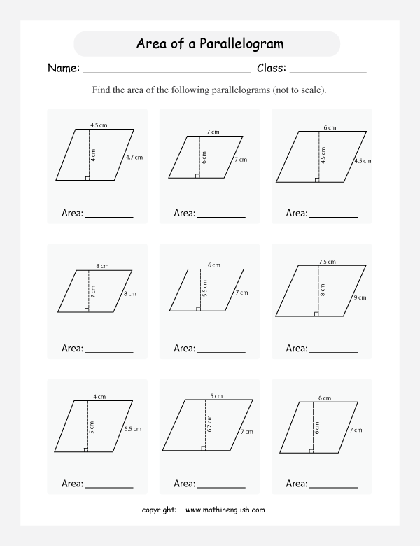 Printable Area Of Parallelogram Worksheet