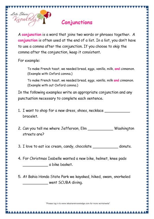 Grade 3 Grammar Topic 19  Conjunctions Worksheets