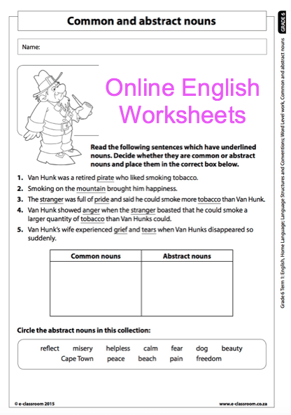 Grade 6 Online English Language Worksheets, Abstract Nouns And