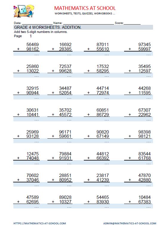 Grade 4 Maths Worksheets  Addition Adding Three 4