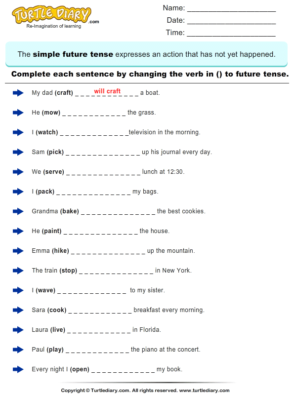 Change The Verbs To Future Tense Form 1 Worksheet