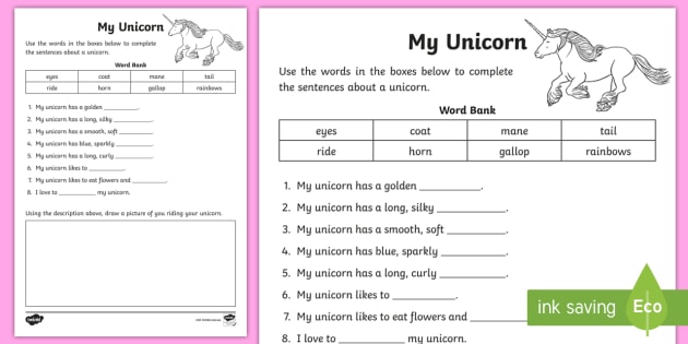 My Unicorn Cloze Worksheet   Worksheet