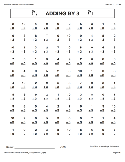 Adding By 3  Addition Math Worksheets With 6 Different Styles To