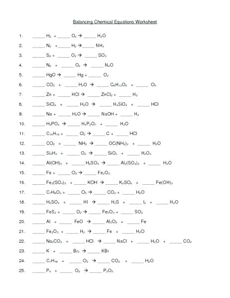 Balancing Chemical Equations Chemistry Worksheet Answer Key 1 25