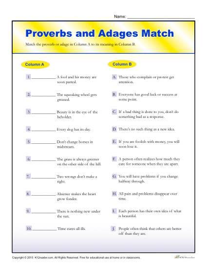 Proverbs And Adages Match Worksheet For 4th And 5th Grade