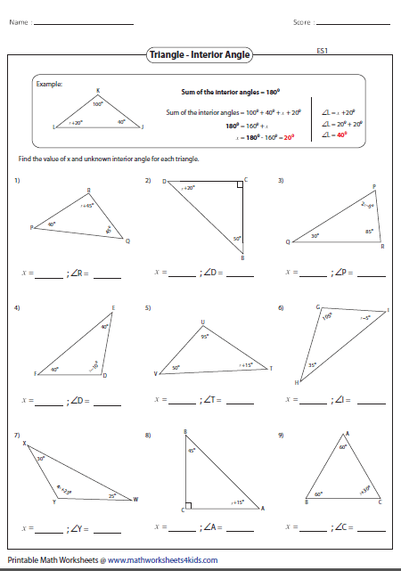 Calculating Missing Angles In A Triangle Worksheet