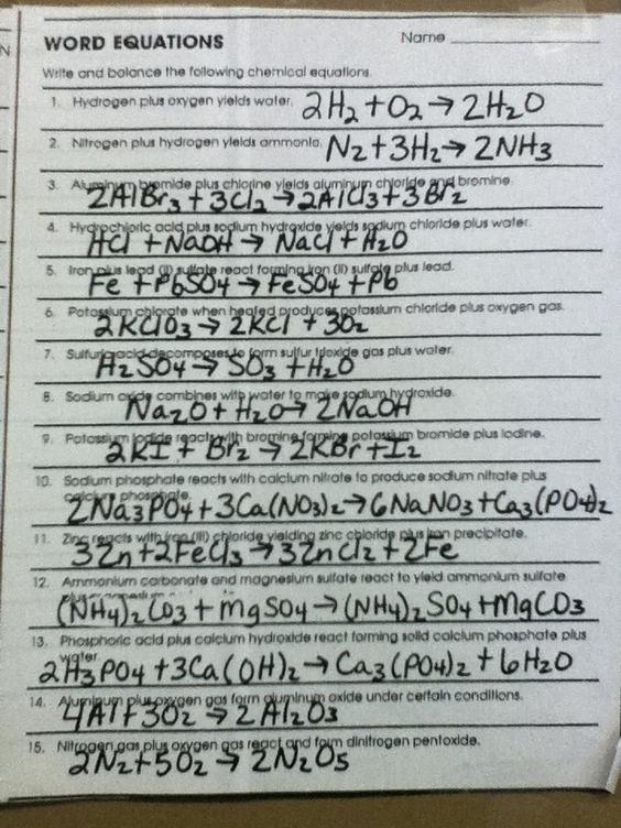 Chemfiesta Worksheet Answers Word Equations Worksheet Answer Key