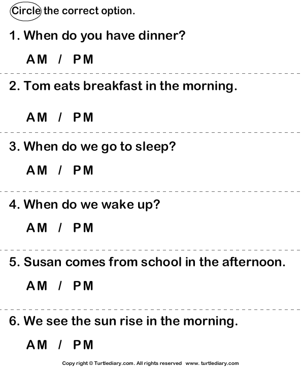 Circle Correct Option Am Or Pm Worksheet