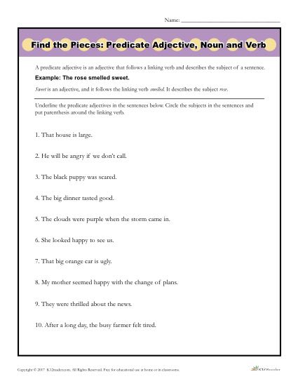 Find The Pieces  Predicate Adjective, Noun, And Verb
