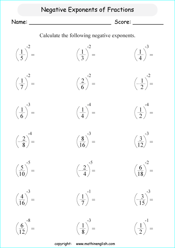 Calculate The Value Of Negative Exponents Of Fractions Worksheet