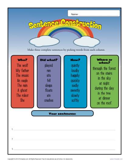 Sentence Construction Worksheets For 1st And 2nd Grade