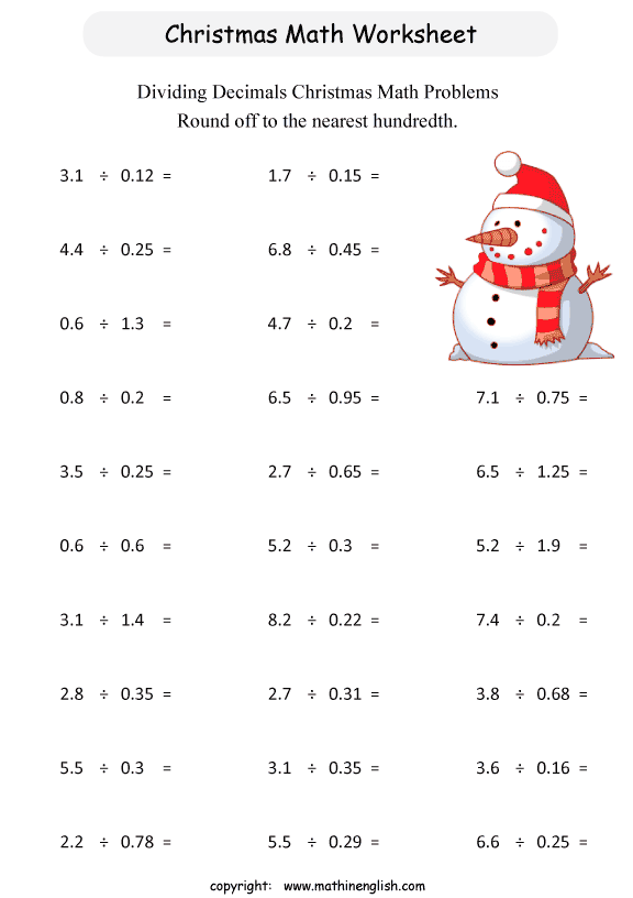 Printable Christmas Grade 6 Dividing Decimals Worksheet