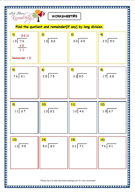 Grade 3 Maths Worksheets  Division (6 5 Long Division By 2 Digit