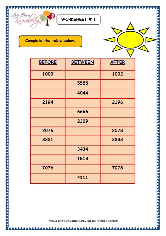 Grade 3 Maths Worksheets  4 Digit Numbers (1 9 Before (predecessor