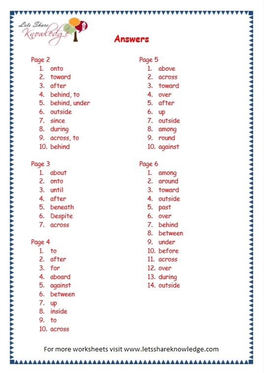 Grade 3 Grammar Topic 17  Prepositions Worksheets