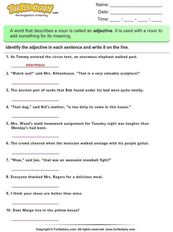 Identify Adjectives In A Sentence Worksheet