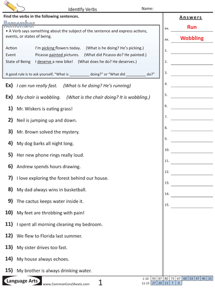 Easy Difficulty Identifying Verbs Each Worksheet Contains 15