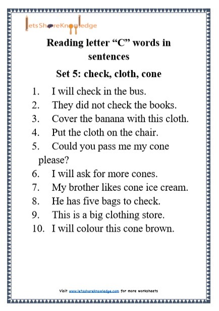 Kindergarten Reading Practice For Letter  C  Words In Sentences