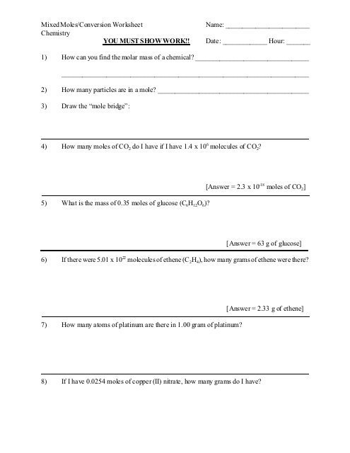 Mole Conversions Worksheet Answers