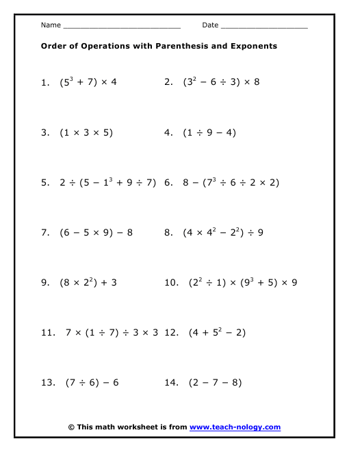 Multiplication With Parentheses Worksheets Order Of Operations