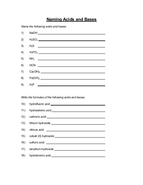 Naming Acids And Bases Worksheet
