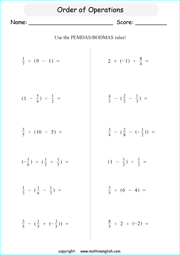 Fraction Order Of Operations Worksheets With Positive And Negative