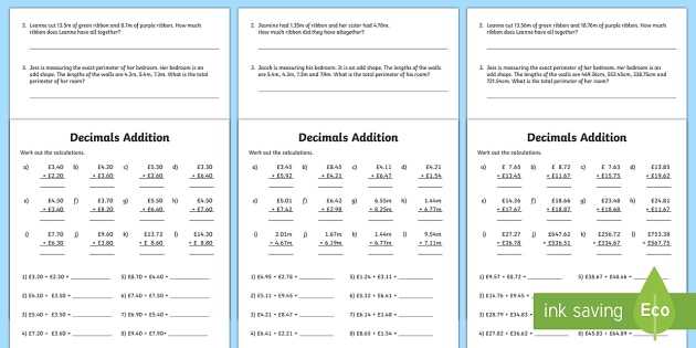 Decimals Addition Worksheet   Worksheet