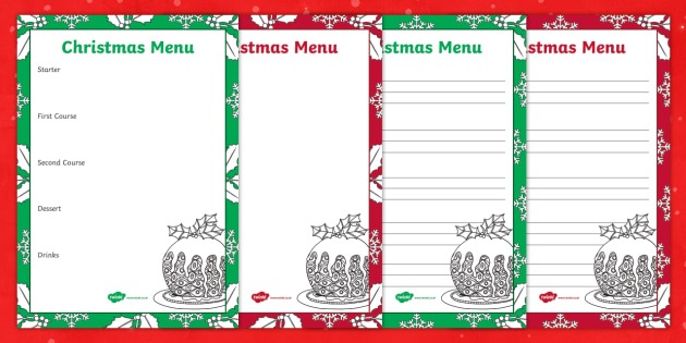 Christmas Menu Template Worksheet   Worksheet