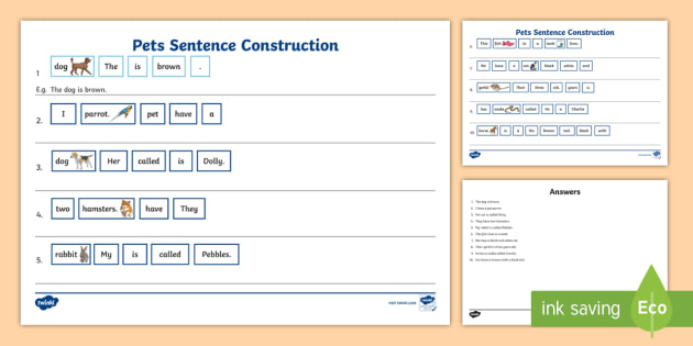 Pets Sentence Construction Worksheet   Worksheet