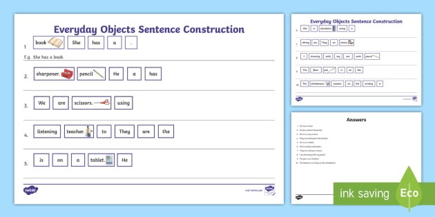 School Objects Sentence Construction Worksheet   Worksheet